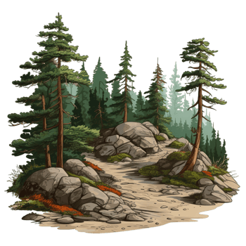 Forest landscape. Path between rocks and fir trees ai generative png