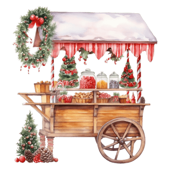 Watercolor Christmas stand at Christmas market,  illustration for decorating greeting, invitation in festive season, AI generated png
