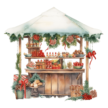 Watercolor Christmas stand at Christmas market,  illustration for decorating greeting, invitation in festive season, AI generated png