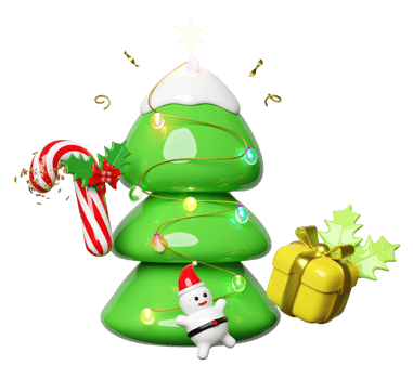 christmas tree with Santa Claus,   candy cane with red bow, holly berry leaves, glass transparent lamp garlands, gift box. merry christmas and happy new year, 3d render illustration png