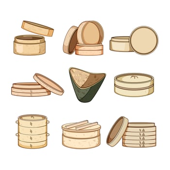 bamboo steamer set cartoon vector illustration