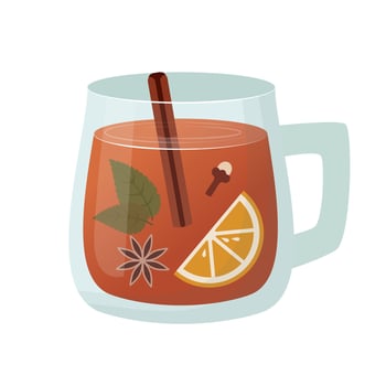 Glass cup with hot drink. Tea, mulled wine with cinnamon, mint, cloves, anise and orange. Flat cartoon style. vector