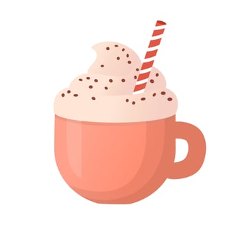Pink mug with hot dessert drink, coffee, cacao decorated with cream and cocktail tube. Flat cartoon style. vector