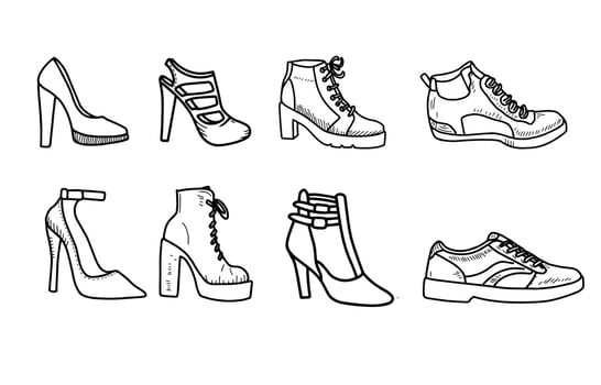 different of shoe outline - high heels, cowboy boots, hiking boots, sneakers. fashion for fall season. vector