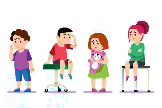 Ill children. Kids illnesses, injuries and ailments. Health care. Set of sick children on a white background. Vector illustration in cartoon style.