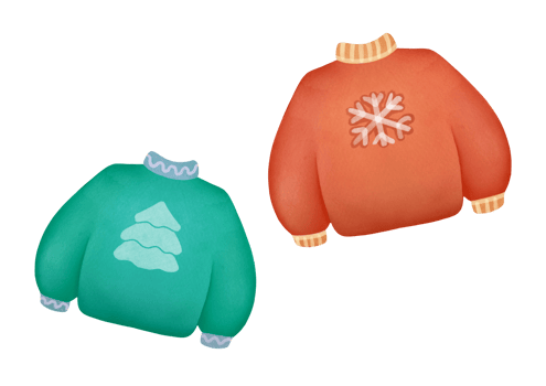 Warm knitted woolen Sweater set. Christmas Watercolor collection on transparent background. cozy festive, new year's clothing outfit. cute childish garment, cold weather accessories clip art png