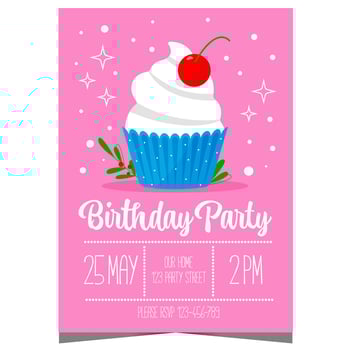 Kids birthday party invitation card with cream cupcake and cherry on a pink background. Children's birthday poster or banner design template to celebrate the anniversary with friends, boys and girls. vector