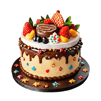 Birthday Cake decorated with cookies, and chocolates on a transparent background AI Generative png