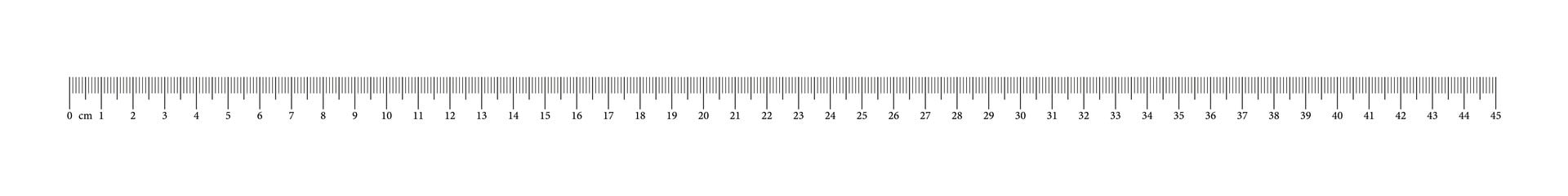 Measuring chart with 45 centimeters. Ruler scale with numbers. Length measurement math, distance, height, sewing tool. Vector outline illustration. Simple template.