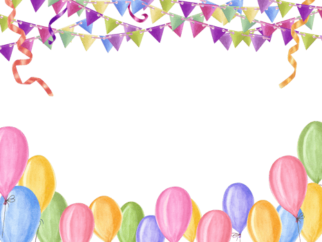 Happy birthday card with multicolor ribbons, flag garlands, balloons. Horizontal frame. Copy space for text. Watercolor illustration for greeting cards, invitation, , holidays png