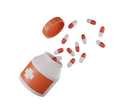 Medicine bottle with pills and capsules floating out for medical use, 3D rendering png