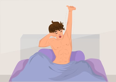 A man wakes up feeling happy, stretching in bed, ready to wake up in the morning. Vector illustration
