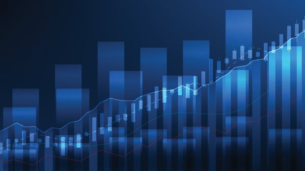 Financial business statistics with bar graph and candlestick chart show stock market price on dark blue background vector