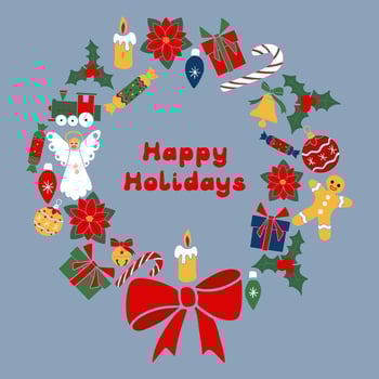 Flat minimalistic symbolic Christmas wreath. Graphic composition with text Happy Holiday and hand drawn winter holiday related items. Perfect for graphic poster, card, printout, pattern, shirt print vector