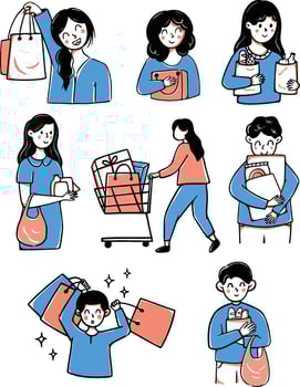 Shopping - flat design style set of isolated characters on white background. Cartoon women, men standing with their packages, trolley, baskets full of products vector