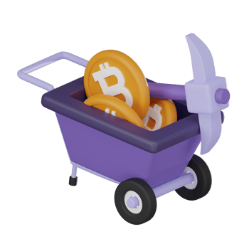 Cryptocurrency mining icon minecart, pickaxe, and bitcoin coins 3D render. png
