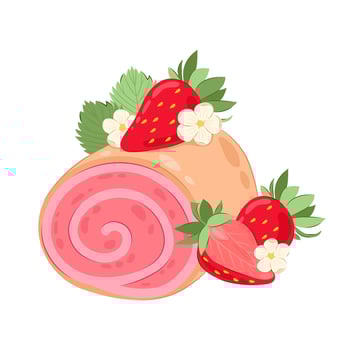 Sweet roll with pink cream and strawberries. Pink strawberry dessert. vector