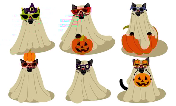 A set of cats in a sheet and glasses for Halloween isolated on a white background. Cute black cat in different glasses with different elements. Funny costume. Flat vector illustration on a white