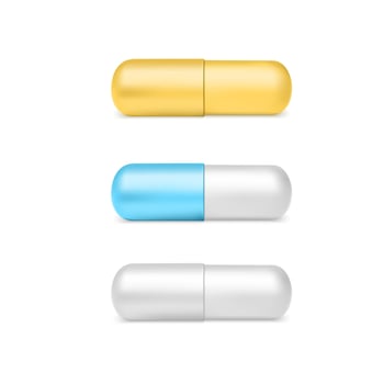 Realistic color capsule pills. Set of color drug capsules. Fish oil. Pharmacy medicine and healthcare. Antibiotic or vitamin tablets top view. Vector