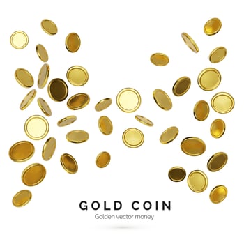 Realistic gold coins on white background. Jackpot or casino poker win element. Cash treasure concept. Falling or flying money. Vector illustration