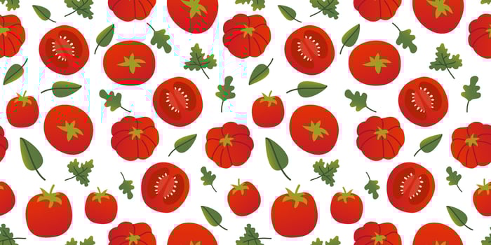 Seamless pattern different colorful tomatoes and greens in flat vector style on white background. For print, textile, background, wrapper.