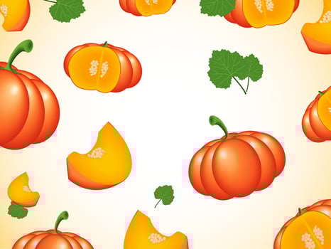 Vector set of Falling Orange Pumpkins with Green Leaves. Flying slices of Pumpkins.