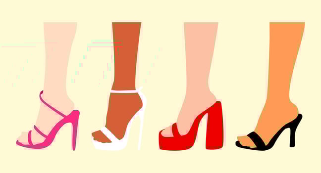 set of women's feet wearing shoes, heels. different skin color and footwear color. side view. flat vector illustration.