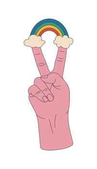 Peace hand gesture sign with colorful rainbow and clouds, isolated on white background. Victory or peace vector symbol. No war sign. Design for posters, t-shirts, banners.