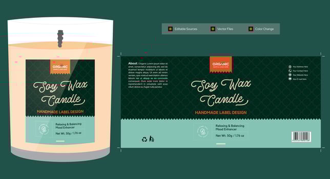 Candle Label Design Aromatherapy Fragrance Aroma Soy Wax Candle Label Template Turquoise Orange Colors, Minimalist Design, Candle Packaging Label, Aromatic Label Sticker Design 3D Illustration vector