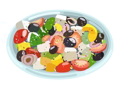 Plate with greek salad. Vector isolated illustration. Traditional mediterranean cuisine