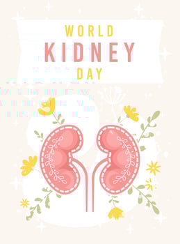 World kidney day banner or poster. Vector illustration in flat cartoon style. Healthy human kidneys with flowers and leaves