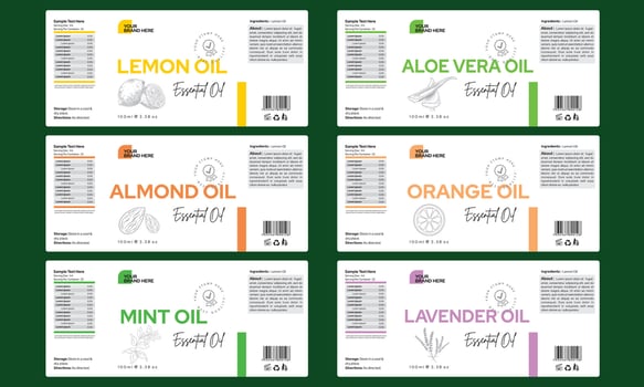 Essential oil labels design Set of bottle labels design, sticker lemon aloe vera almond orange mint lavender oil labels vector illustration