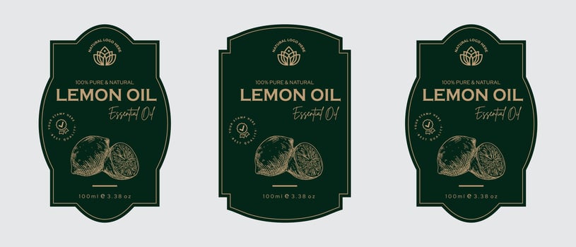 Lemon oil label design cosmetic products for skin care and beauty, herbal ingredients. Labels with sketches, package emblem. Green gold premium vector illustration