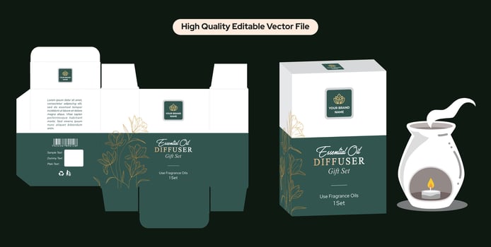 Essential oils aroma diffuser box packaging design. Home fragrance oils diffuser carton design. Hand-drawn flowers, Room perfume packaging, editable design with die line layout and realistic mockup. vector