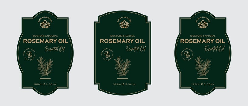 Rosemary oil label design cosmetic products label for skin care and beauty, herbal ingredients. Rosemary Labels with sketches, and package emblem. Green gold premium vector illustration.