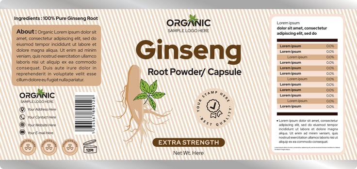 Ginseng Label Design, Supplement Powder Capsule Label Design, Packaging Design vector