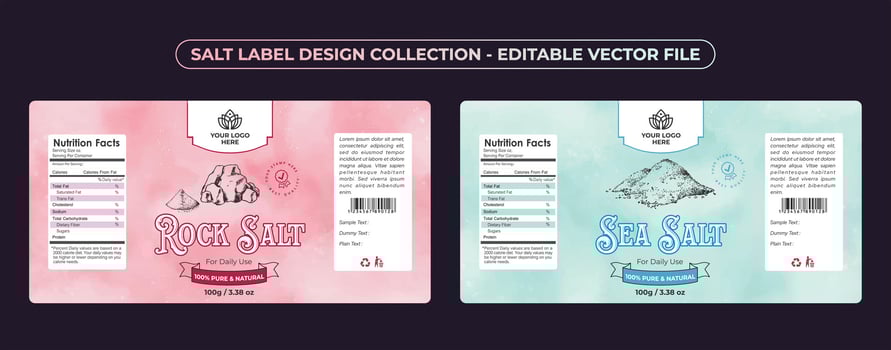 Salt label design sea salt iodized Himalayan salt rock salt for daily use jar label vector set collection