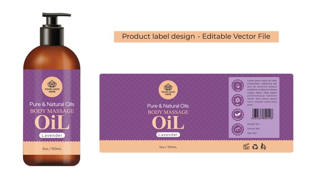 Massage oil label design, Hair oil body oil, spa product packaging design, aromatherapy essential oil bottle label design of the cosmetic product with realistic mockup illustration. vector
