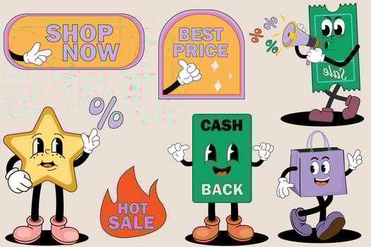 Retro vintage styled shopping stickers for a store sale, black friday, online promotion or social media posts. Vector illustration