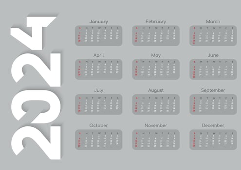 Monthly 2024 year calendar template. Wall or desk calendar in a minimalist style. Week Starts on Sunday. A3 format. Vector