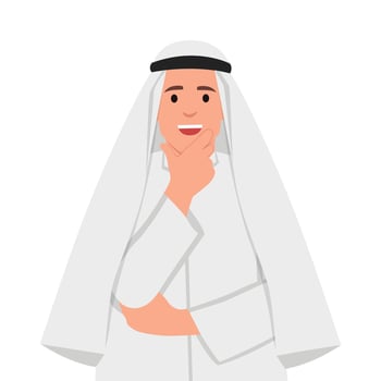 A Saudi man in the well known Saudi Ghutra 2 thinking hand on chin. vector