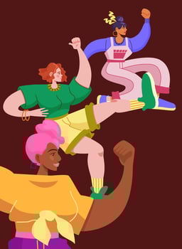 Girl power and feminist movement concept. Happy women international team. You go girl. Strong women jumps. Gender equality and empowerment. Women's day. Cartoon vector illustration.