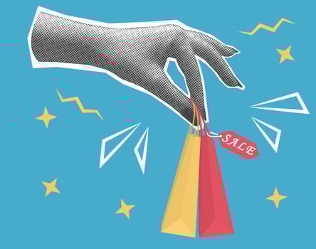Vector illustration with Halftone hand holding paper bag. Trend collage.