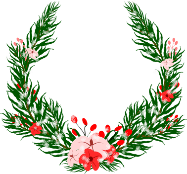 Winter floral wreath. Pink and red flowers frame with pine leaves and snowfall clipart. png