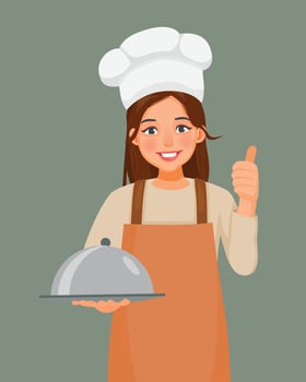 Young woman in chef hat and apron holding a tray showing thumb up vector