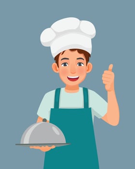 Young man in chef hat and apron holding a tray showing thumb up vector