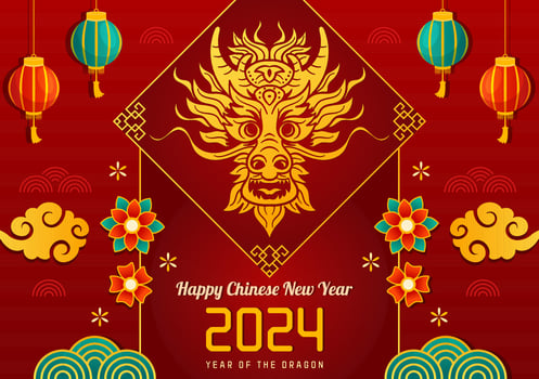 Happy Chinese New Year 2024 Vector Illustration. Translation Year of the Dragon. with Flower, Lantern, Dragons and China Elements on Background
