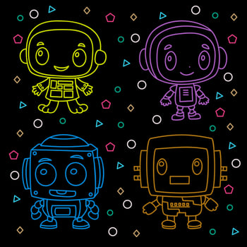 Robot cartoon characters with color outlines, 2D, linear style icons, on black background, flat vector illustration