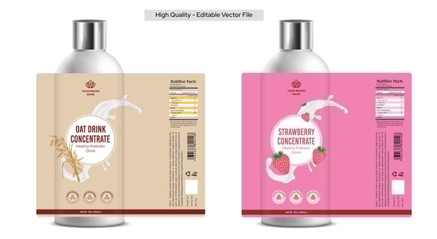 Prebiotic drink label design, healthy drink packaging, flavored milk label design, oat milk bottle package, strawberry milk bottle tropical package editable vector illustrations