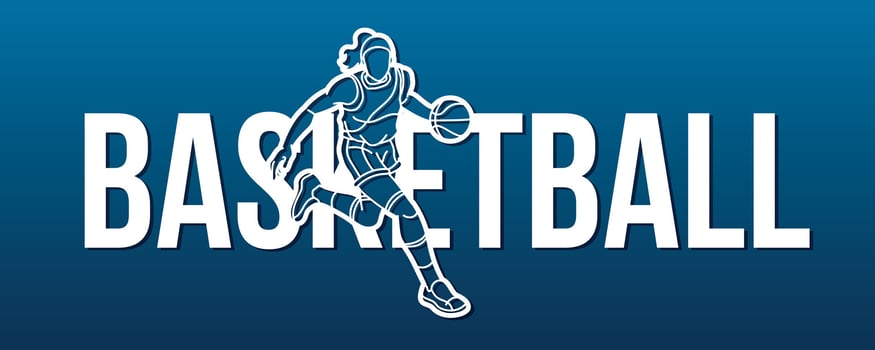 Silhouette Basketball Female Player Action with Basketball Font Design Cartoon Sport Graphic Vector